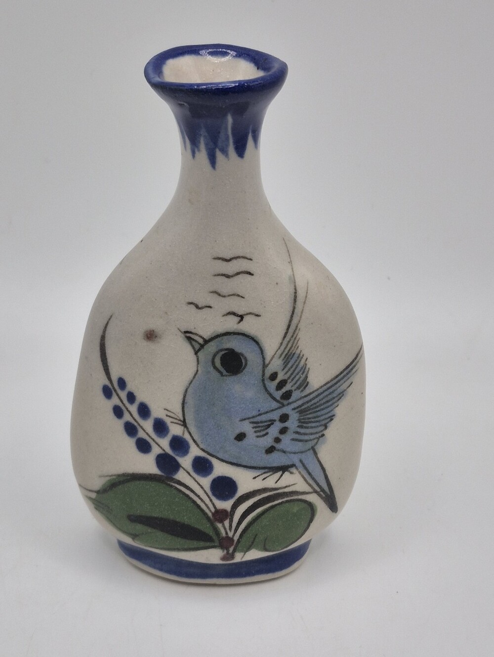 Mexico Artisans REY SIGNED Hand-Painted Blue Bird & Flower Ceramic Mini Vases 2 - Picture 6 of 9